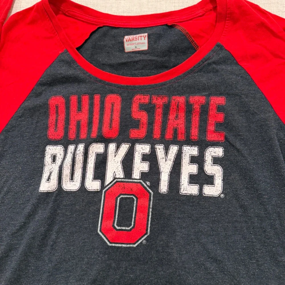 Ohio State Buckeyes Womens XL Varsity Raglan Long Sleeve Tee Red Charcoal Gray
